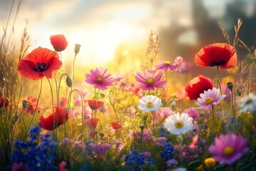 Fototapeta premium Meadow of Wildflowers at Sunset with Poppies and Cosmos in Bloom