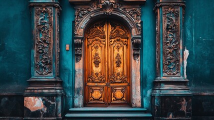 Fototapeta premium Ornate Historic Door, showcasing intricate carvings and vibrant colors, ideal for travel and architectural themes, inviting exploration of cultural heritage and history.