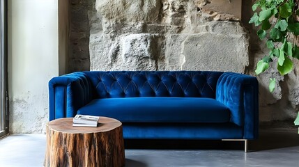 A stylish, contemporary living room features a sectional sofa in a vibrant teal blue, teal blue, modern furniture, interior design, wall mural,
