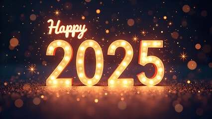 Happy New Year 2025 with glowing lights. Concept of celebration, holiday, and new beginnings.