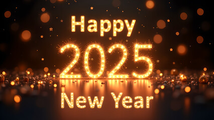 Happy New Year 2025 Glowing Lights. Concept of celebration, holiday, and future.