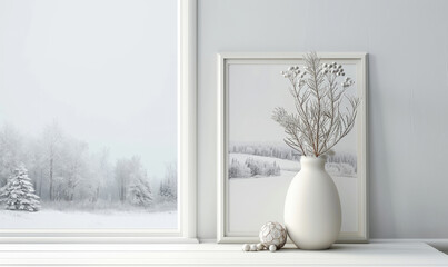 A delicate vase adorns a tall white window, resting on a white wooden table. A framed picture of a snowy landscape serves as the background