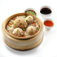 Fried rice and dumplings isolated on white background