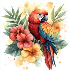 Obraz premium A vibrant parrot perched among tropical flowers and leaves, showcasing nature's beauty.