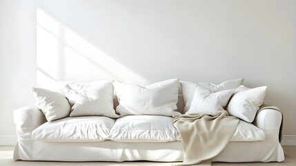 A stylish, light-filled living room showcases a contemporary, light-colored sofa with a natural wood frame
