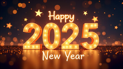 Happy New Year 2025 with golden lights. Concept of celebration, holiday, and future.