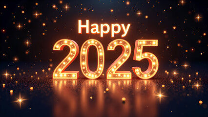 Happy New Year 2025 with glowing lights. Concept of celebration, party, and holiday.