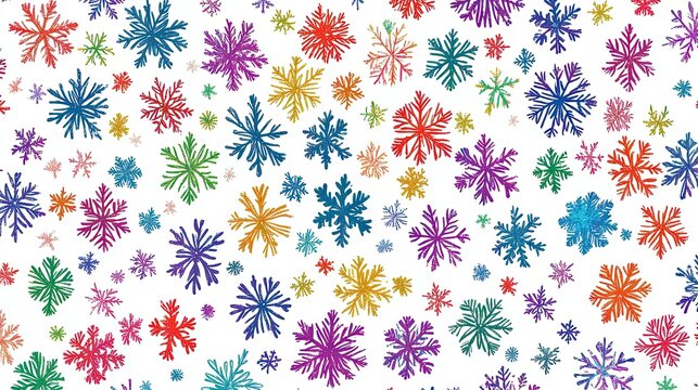 A playful seamless pattern of cartoon-style snowflakes in vibrant colors against a crisp white background.