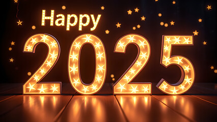 Happy New Year 2025 with glowing lights. Concept of celebration, party, and holiday.