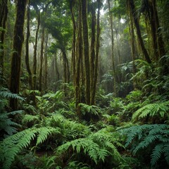 A vibrant rainforest-like mountain forest with towering ferns and a dense canopy.