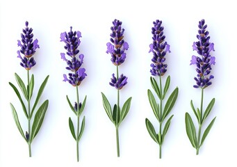 Fototapeta premium Purple Lavender Flowers in Various Stages of Bloom on White Background