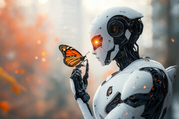 Fototapeta premium robot with butterfly resting on its finger. AI generative.