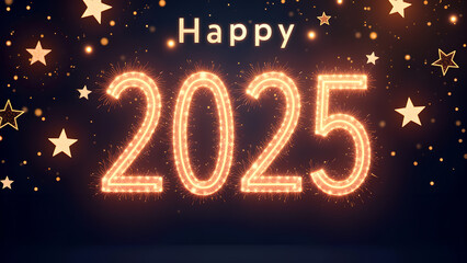 Happy New Year 2025 with glowing lights. Festive celebration concept.