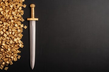 Sword lying next to piles of gold, symbolizing the cost of war. Increasing demand and prices of gold. International assets or reserves.
