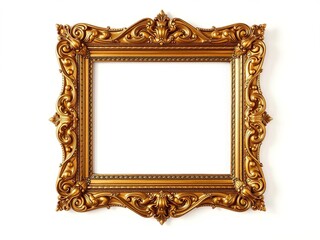 Antique gold picture frame with ornate carvings and filigree on a creamy white background, intricate designs, vintage photography, antique collectibles