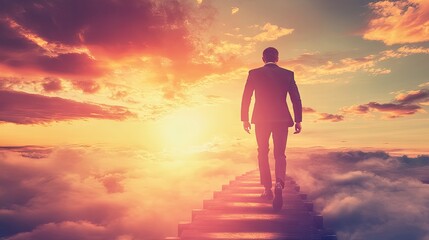 Man in Suit Walking Up Stairs Towards Bright Sunset Over Clouds