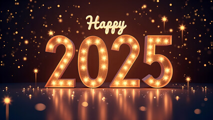 Happy New Year 2025 with illuminated numbers. Concept of celebration, party, and holiday.