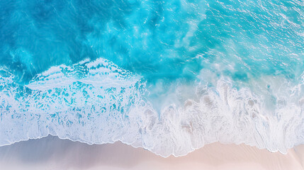 Aerial photo of a summer beach with a blue ocean and sky.