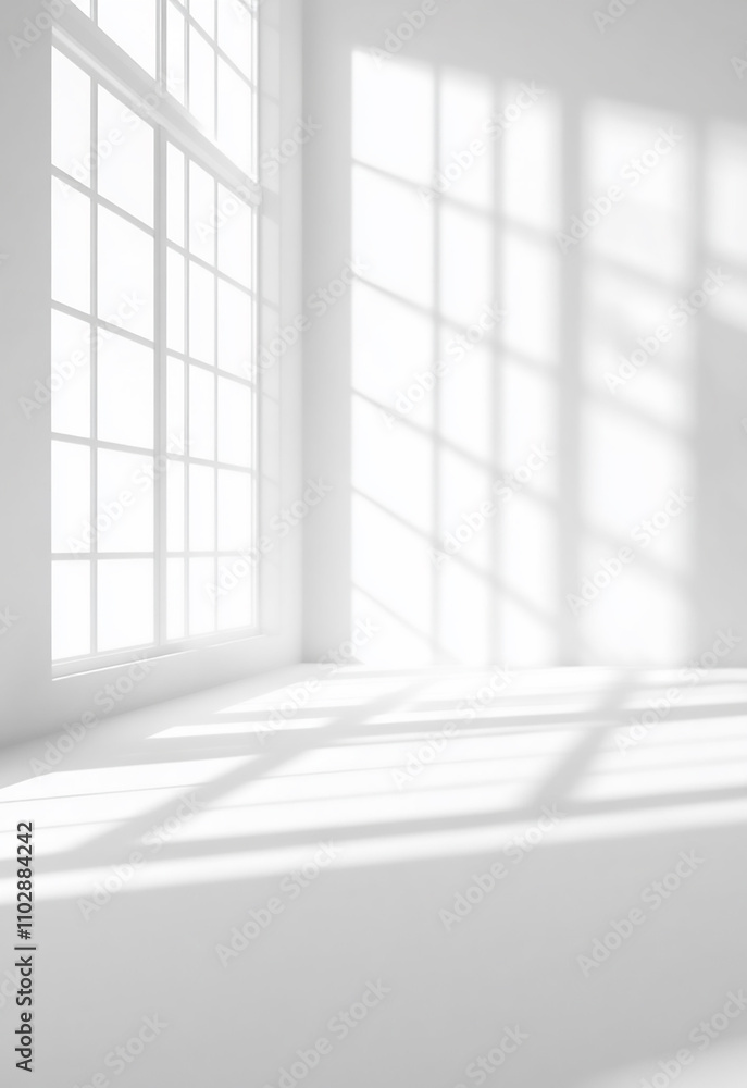 Poster sunlight streaming through a large window casts geometric shadows on a realistic and minimalist blur