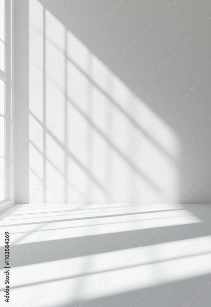 Poster sunlight streaming through a large window casts geometric shadows on a realistic and minimalist blur