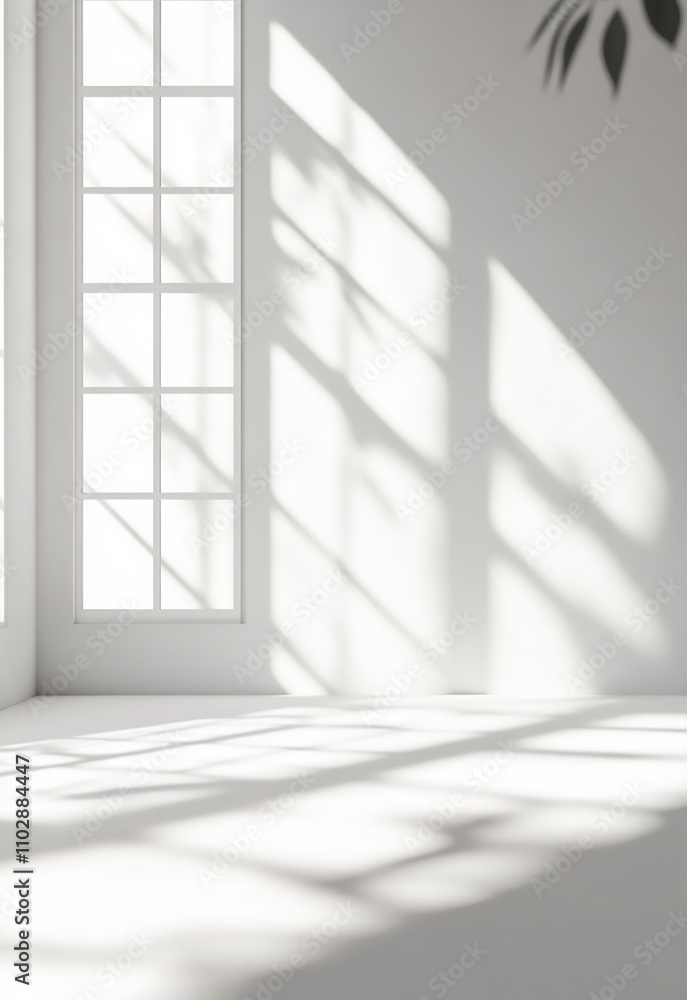 Poster sunlight streaming through a large window casts geometric shadows on a realistic and minimalist blur