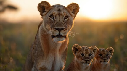 Obraz premium Majestic Lioness with Cubs at Sunset African Savanna Wildlife Photography
