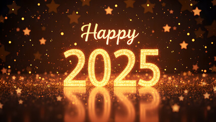 Happy New Year 2025 with golden lights and stars. Concept of celebration, holiday, and new beginnings.
