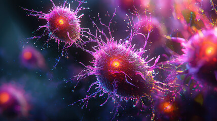 Microscopic view of vibrant, abstract digital art depicting colorful pathogens with glowing centers, showcasing intricate details and vivid colors