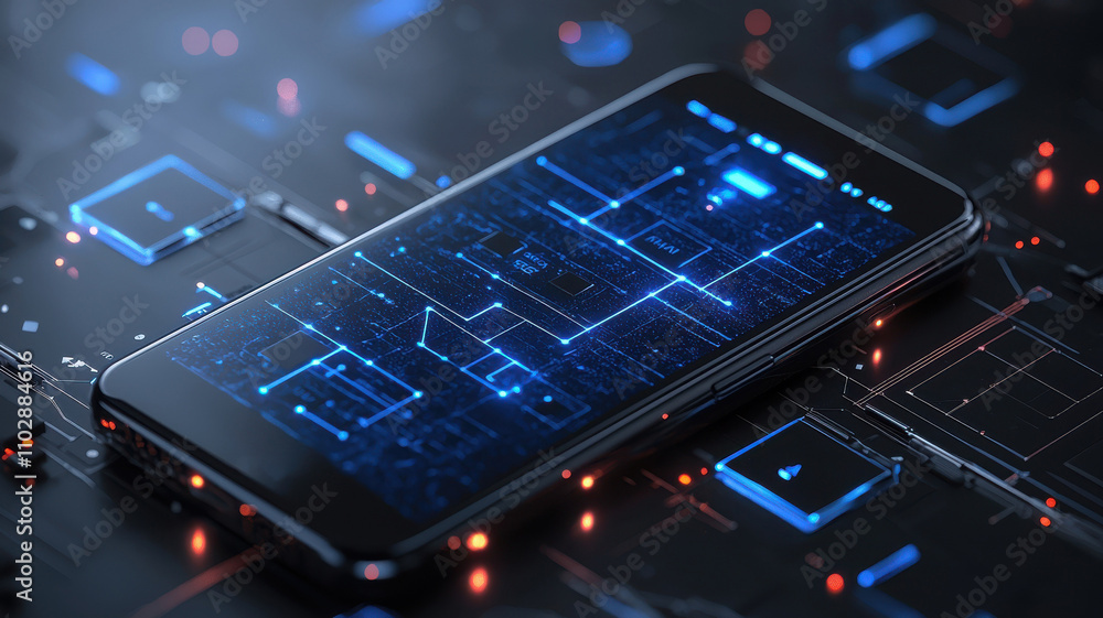 Poster smartphone displaying digital circuit design on its screen, surrounded by futuristic, glowing circui