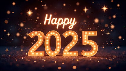 Happy New Year 2025 with glowing lights. Festive celebration concept.
