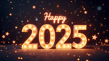 Happy New Year 2025 with glowing lights. Concept of celebration, holiday, and party.