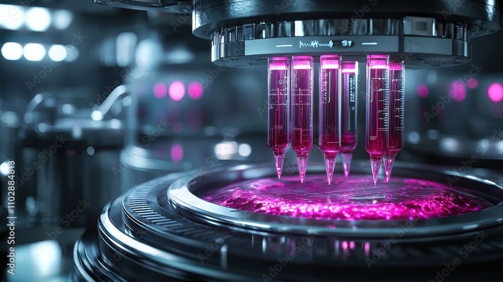 Poster high detail laboratory machine conducts tests with precision, featuring glowing pink liquid samples 