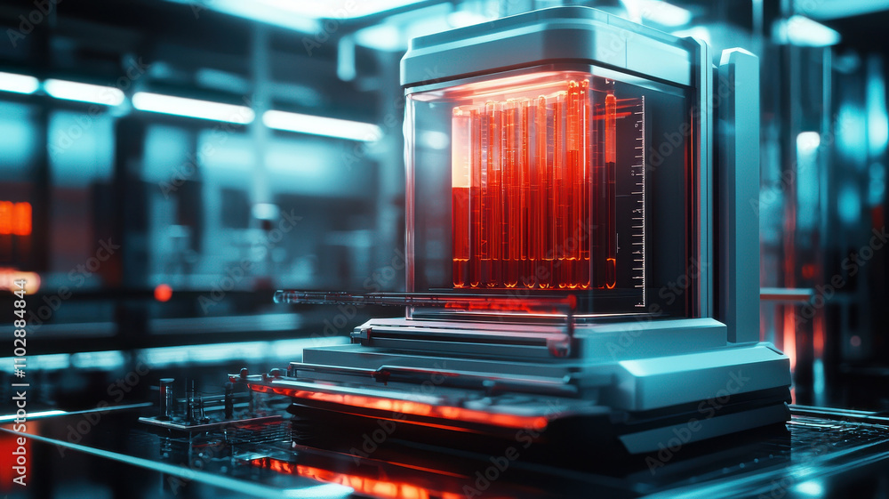 Poster high detail laboratory testing machine with glowing red elements in futuristic setting, showcasing a