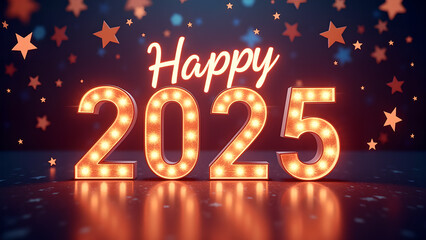 Happy New Year 2025 with glowing lights. Concept of celebration, holiday, and future.