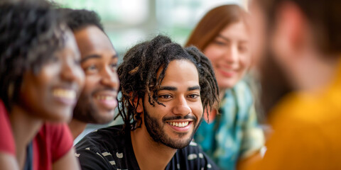 Obraz premium Multiracial young adults engaged in a joyful group discussion indoors