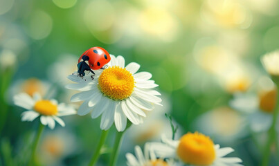 Obraz premium Ladybug on the chamomiles flower, spring background