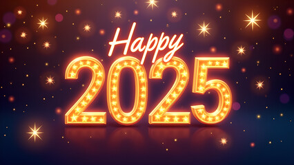 Happy New Year 2025 with glowing lights. Concept of celebration, party, and holiday.