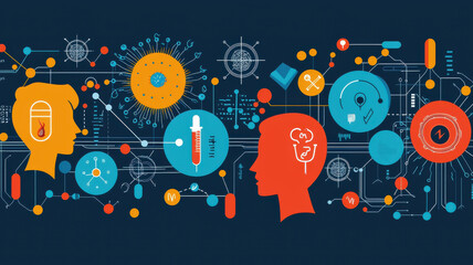 Obraz premium Colorful infographic illustrating STD early detection with human profiles, medical symbols, and virus imagery, emphasizing importance of awareness and prevention in healthcare