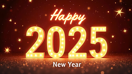 Happy New Year 2025 with glowing lights. Festive celebration concept.