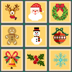 christmas icons set, Classic Christmas Icons in Pixel Style, Charming Retro Christmas Motifs