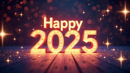 Happy New Year 2025 with glowing lights. Concept of celebration, holiday, and future.