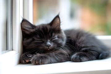 Black cat resting peacefully on a windowsill while sunlight streams through the glass during a calm afternoon