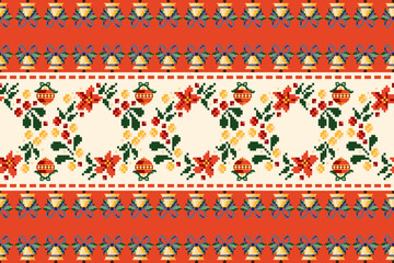 Traditional Christmas pixel art, Vintage pixel holiday pattern, Merry Christmas seamless pattern
