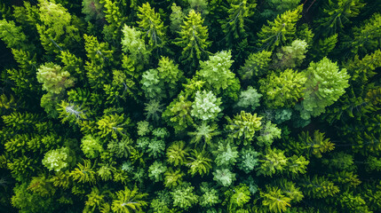 Fototapeta premium Aerial top view of summer green trees in forest