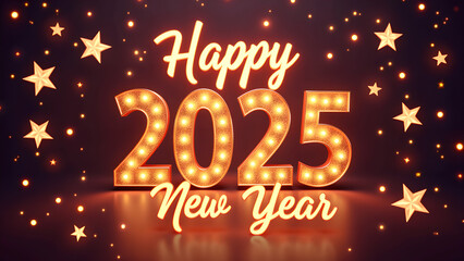 Happy New Year 2025 with glowing lights. Concept of celebration, holiday, and party.