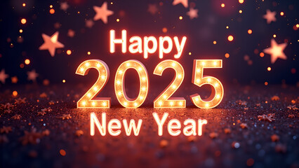 Happy New Year 2025 with glowing lights. Festive celebration concept.