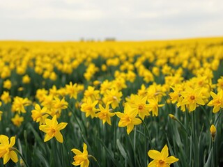 Fototapeta premium A sea of golden daffodil flowers stretching across the horizon, spring, sunshine