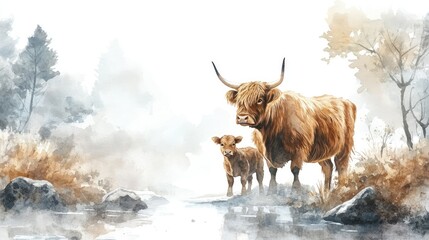 A tranquil watercolor illustration of a Highland cow and calf standing together, surrounded by a misty morning glow.