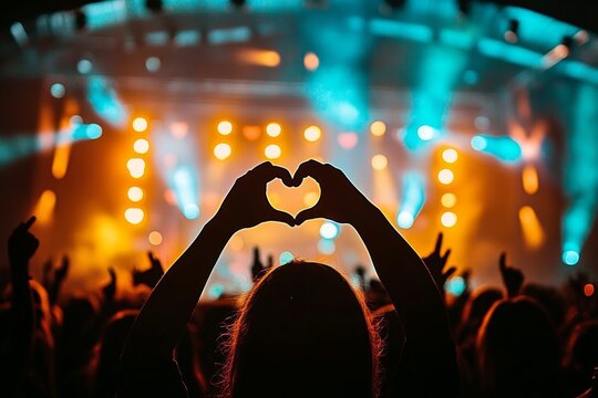 vibrant concert scene audience heart shapes colorful lights - Powered by Adobe
