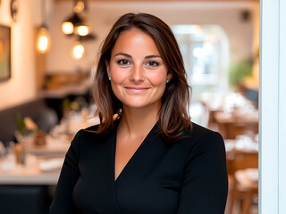 Obraz premium AI-Generated image of A woman in a black dress is smiling for the camera. She is standing in front of a restaurant with a white door